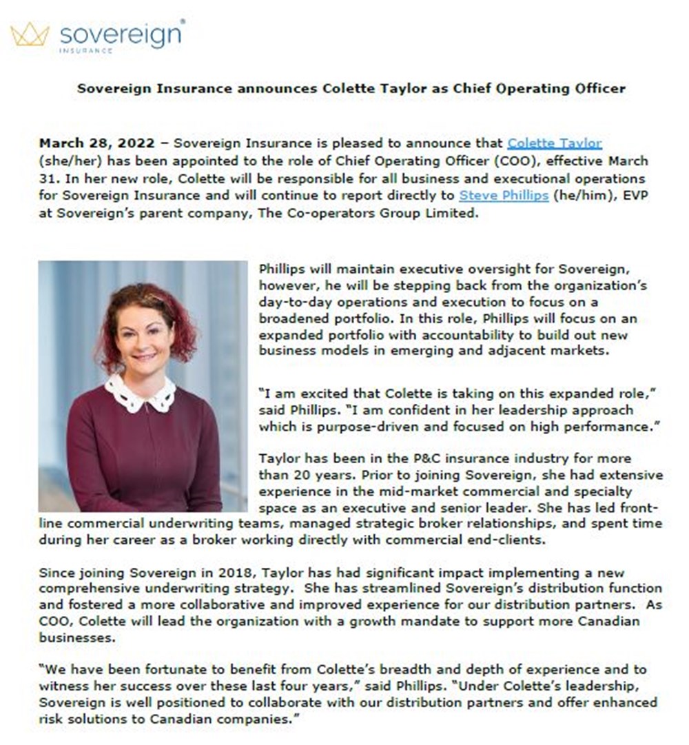 Screenshot of the press release Sovereign Insurance announces Colette Taylor as COO